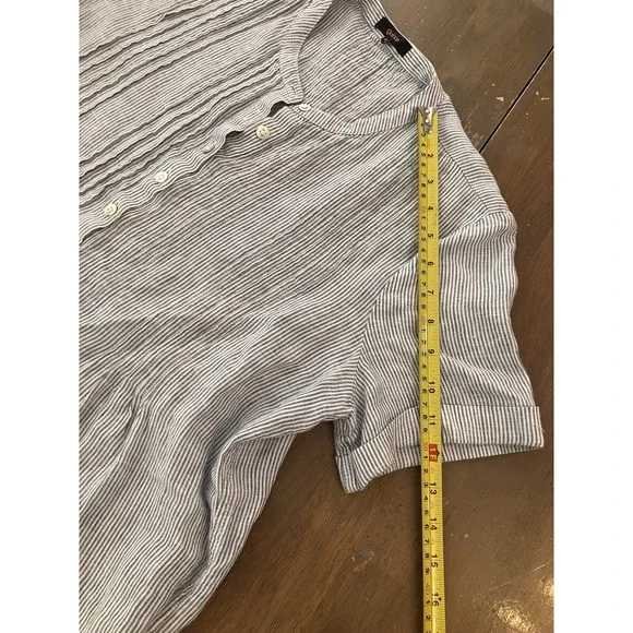 Quince Blue Pinstripe Swing Dress 100% European Linen With Pockets Button Medium - Picture 11 of 11